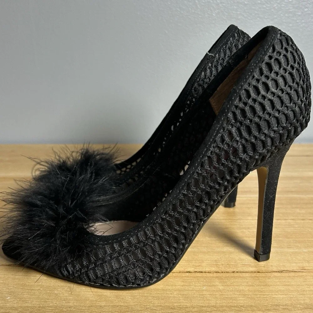 Betsey Johnson Black Fishnet Mesh Fluffy Feather Pom Pom Mae Pointed Toe Pumps